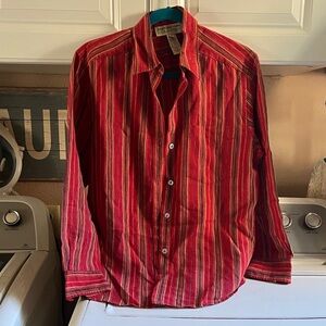 Linen Long Sleeve Blouse -1990 Boho Red Western motif natural pearl buttons